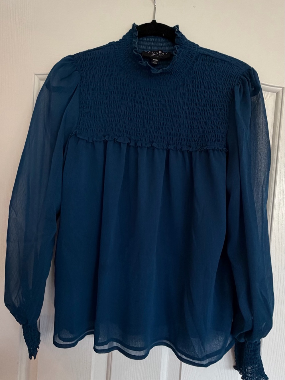 Laundry By Shelli Segal Navy Blue Smocked Yoke Ruffle Neck Blouse